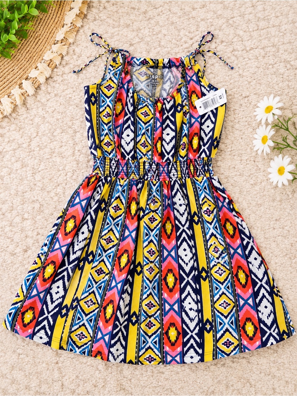 kidpik Yellow Multi Aztec Tie-Shoulder Casual Dress